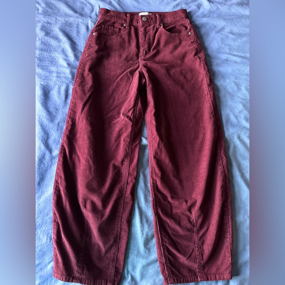 Burgundy High-Waist Corduroy Barrel Pants 2